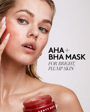 fair skinned blonde model applying blah 2 bright. AHA + BHA mask for bright plump skin