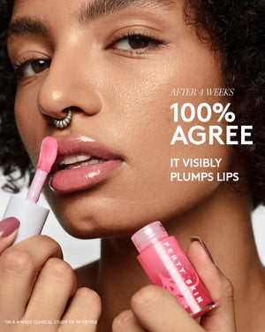 Woman applying a pink lip product with text claiming visible lip plumping after 4 weeks.