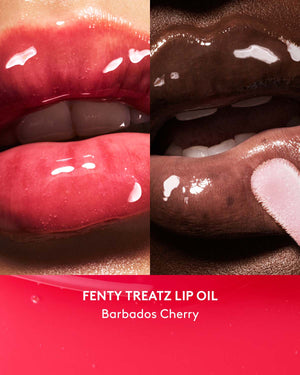 Fenty Treatz Lip Oil in Barbados Cherry on light and deep skin tones.