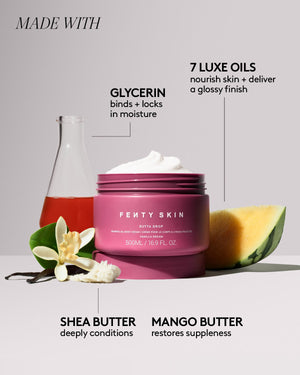 Jumbo Butta Drop Whipped Oil Body Cream with Tropical Oil + Shea Butter surrounded by ingredients it was made with. Glycerin, 7 Luxe Oil, Shea Butter, and Mango Butter.
