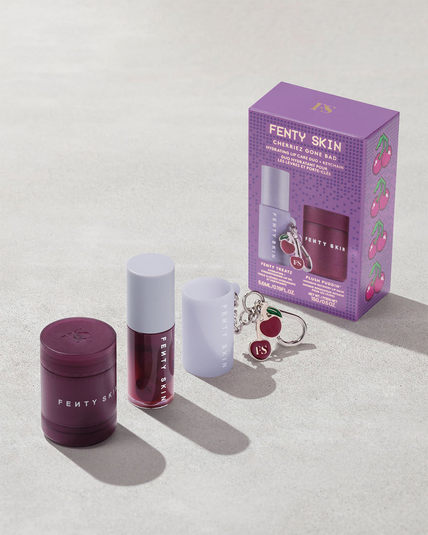 Cherries Gone Bad Hydrating Lip Care Duo includes Plush Puddin Lip Mask and Fenty Treats Lip Oil Liner with an exclusive Fenty Treats Lip Oil Keychain.