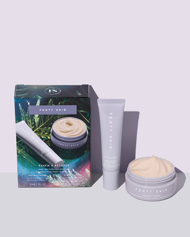 Fenty Skin Renew N Recover Face + Eye Hydration Essentials, a two piece skin care set featuring a best selling mini face moisturizer and full-size eye cream on a lavender background.