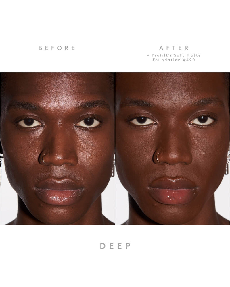 Side-by-side of model's face before and after the application of Pro Filtr'r foundation and Invisimatte Instant Setting Powder on dark skin tone.
