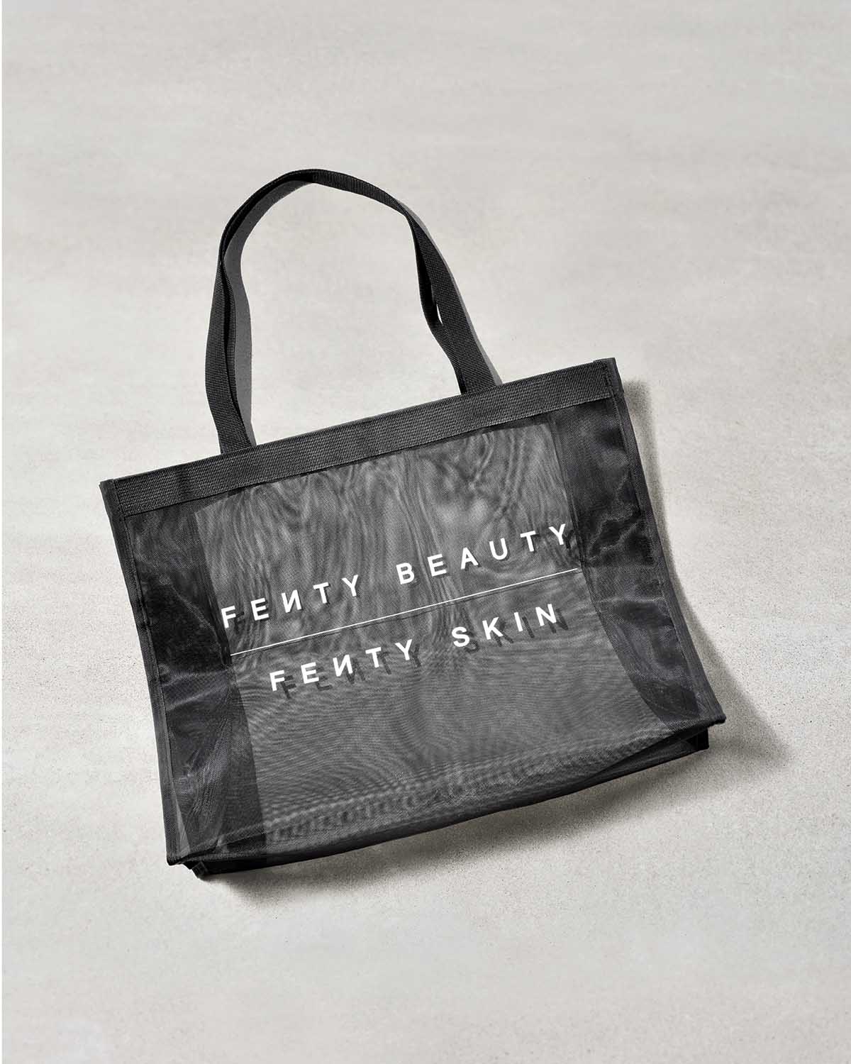Fenty Beauty and Fenty Skin black mesh tote bag.
