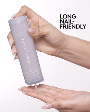 Close-up of model's hands squirting Melt AWF Jelly Oil Cleanser on their hands with the text "Long nail-friendly".